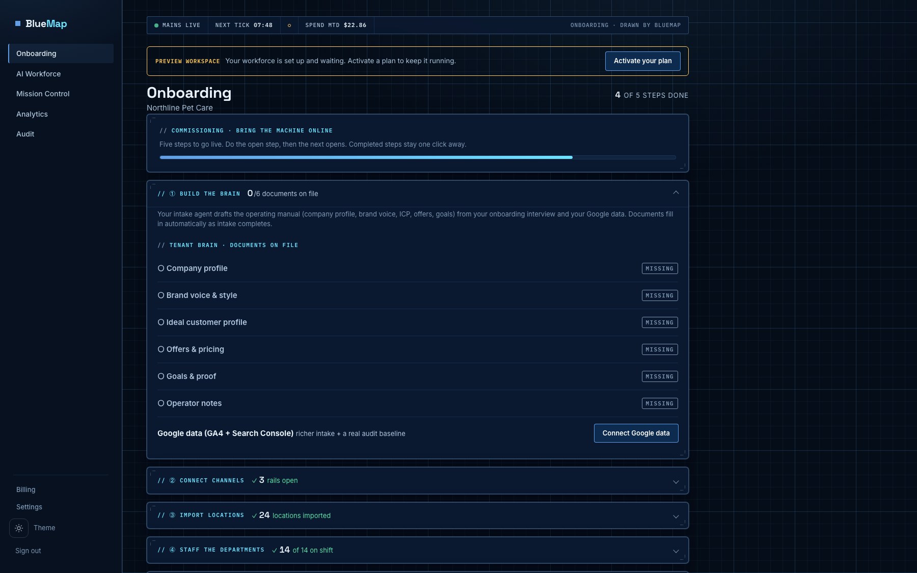 BlueMap commissioning: the plan taking shape with agents staffed, channels connected, and locations imported.
