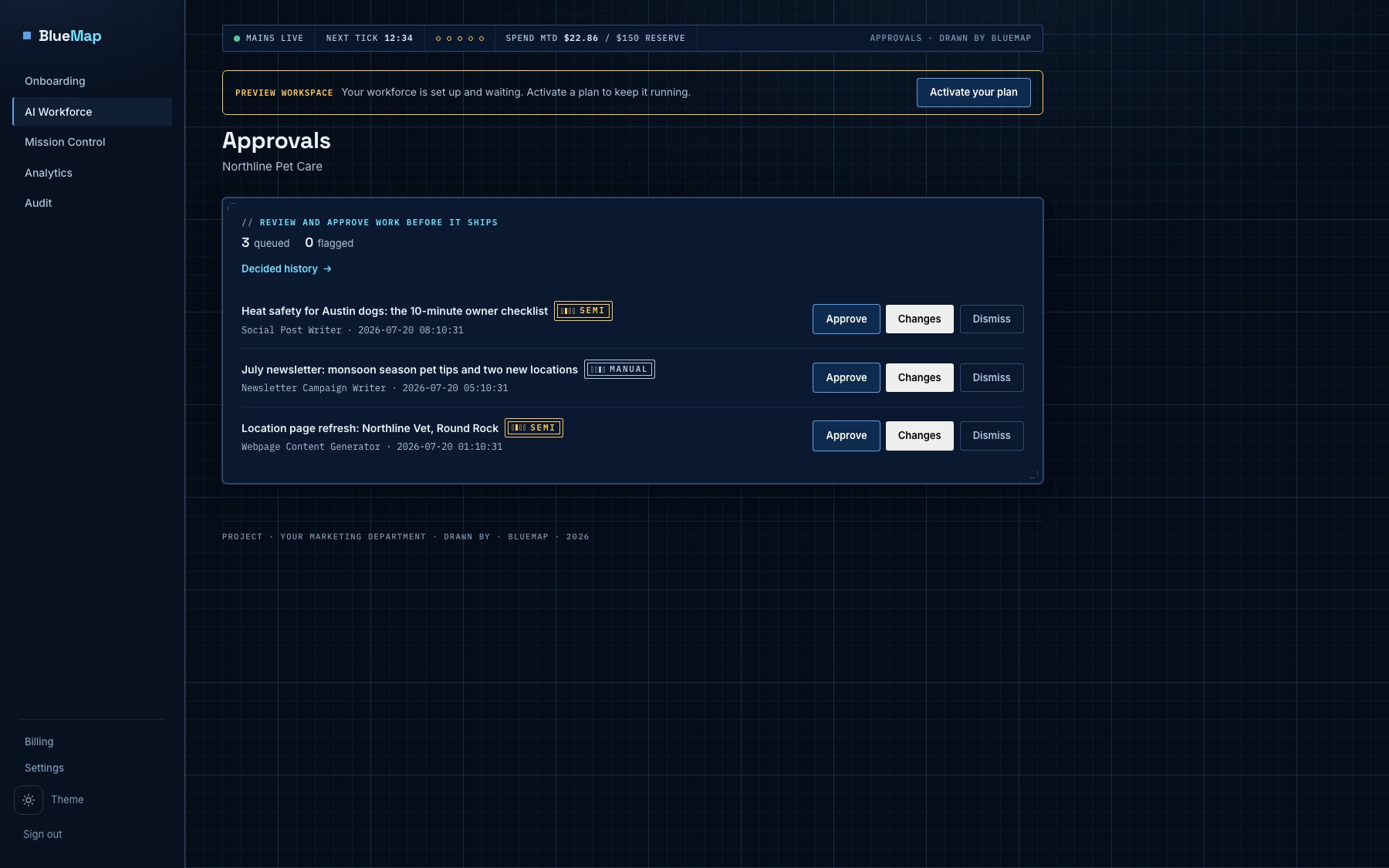 The BlueMap approval queue: green-light a draft and the work ships, with Approve, Changes, and Dismiss on every item.
